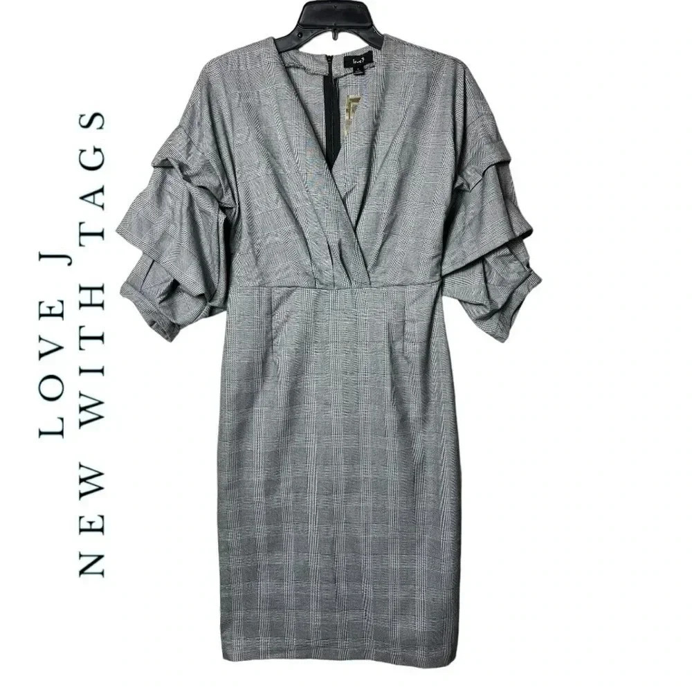 1745. LOVE J CHECKERED PATTERN RUFFLE 3/4 SLEEVE MIDI LENGTH DRESS GRAY/WHITE